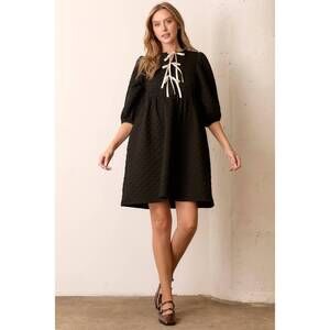 NEW BAEVELY BY WELLMADE piper quilted knit dress with front tie in black